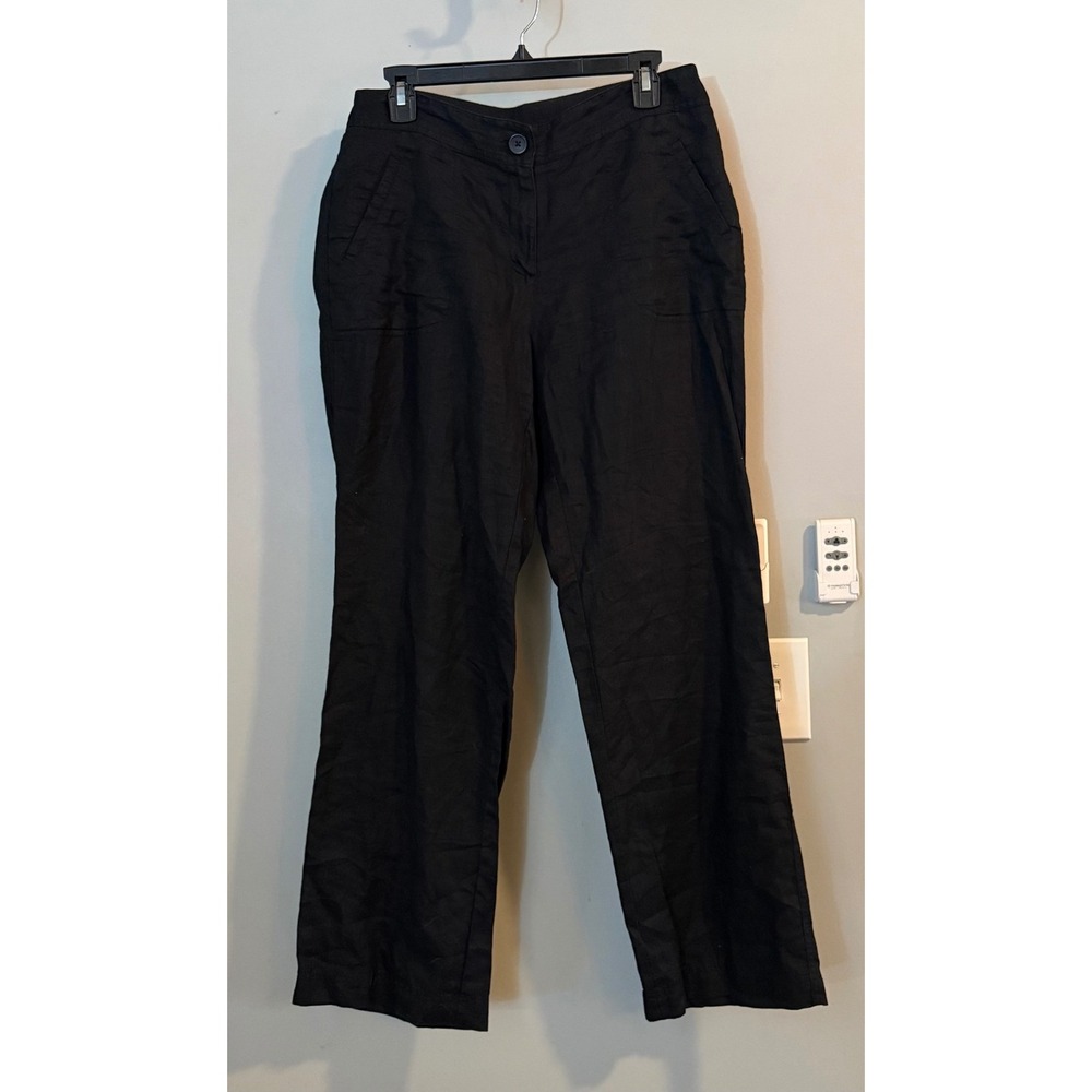 Chicos Pants Womens 1 /US 8 Black Linen Straight Wide Leg Button Front Trousers